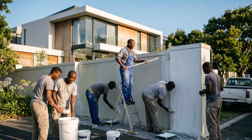 Professional team painting a boundary wall at a modern home in Kenilworth