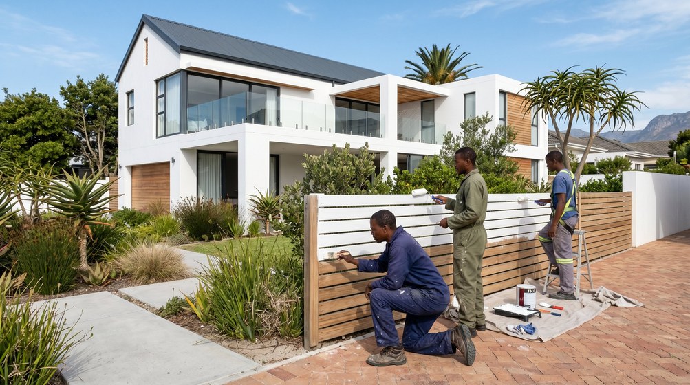 Professional fence painters painting a wooden fence at a coastal home in Kenilworth