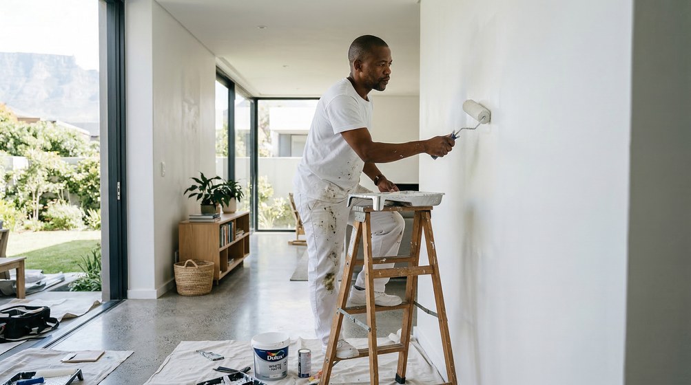 Professional interior painter in Kenilworth painting walls with a roller