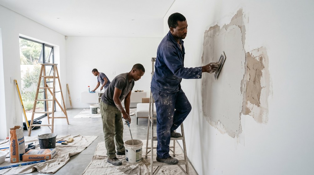 Professional plaster repair team skim coating damaged walls in Kenilworth