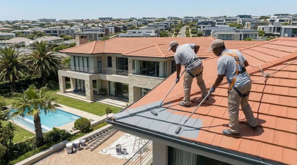 Professional roof painters applying waterproof coating to tiled roof in Kenilworth