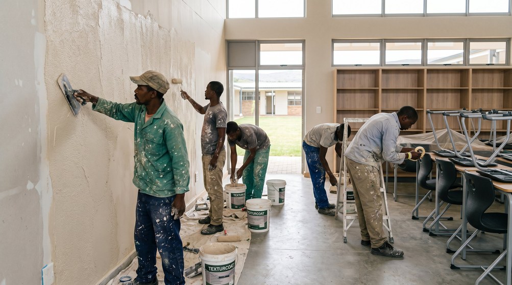 Professional texture coating team applying Texturcoat to interior walls in Kenilworth