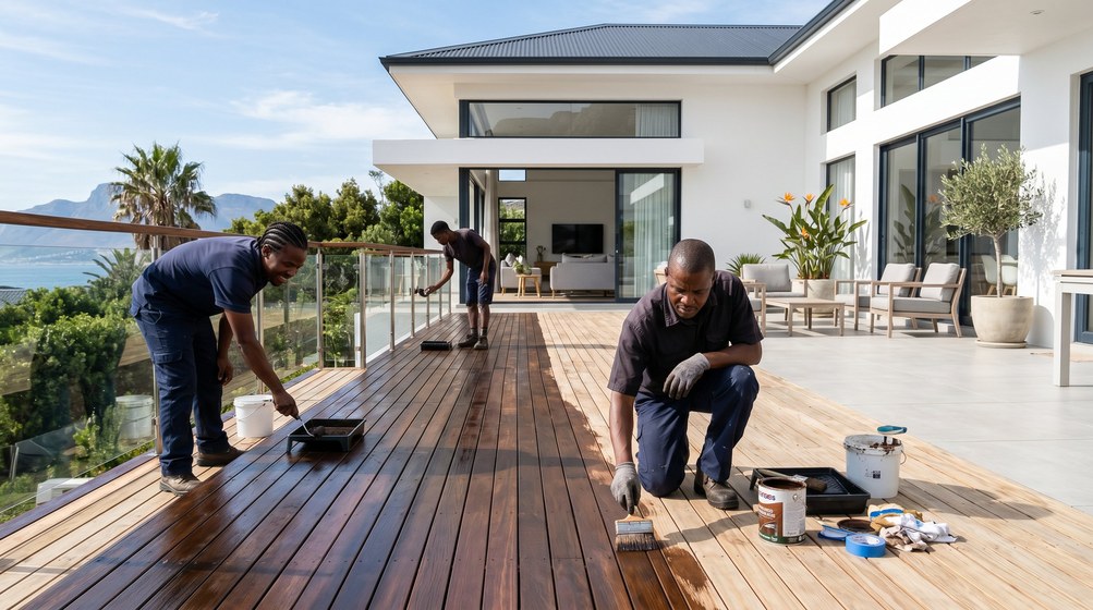 Professional wood staining team applying deck stain overlooking the ocean in Kenilworth